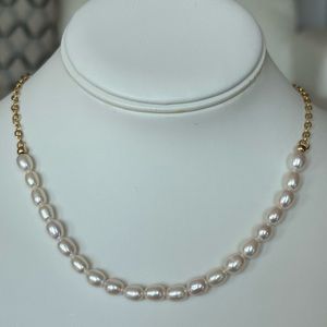23 Inch Long White Cultured AAA Pearls and 14K Yellow Gold Plate Chain-Adjustabl